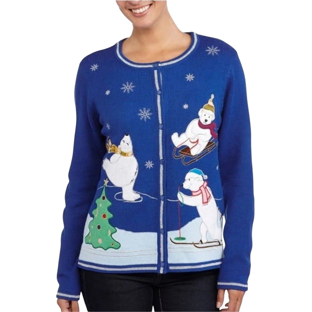 Holiday Winter Women's Polar Bear‎ Cardigan Sweater Embellished Royal Blue Sz. L